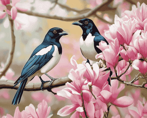 Pink Tree with Australian Magpies Diamond Painting