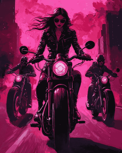 Pink Women Bikers Diamond Painting