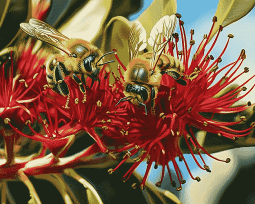 Pohutukawa Blossom with Bees Diamond Painting