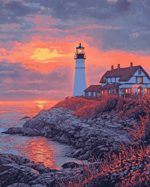 Portland Lighthouse Sunset Diamond Painting