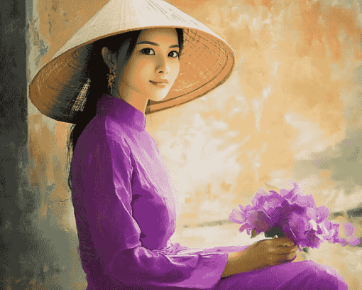 Purple Ao Dai Vietnamese Girl Diamond Painting