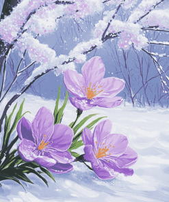 Purple Blossoms in Snow Diamond Painting