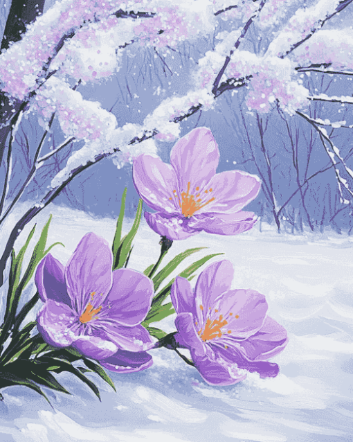 Purple Blossoms in Snow Diamond Painting