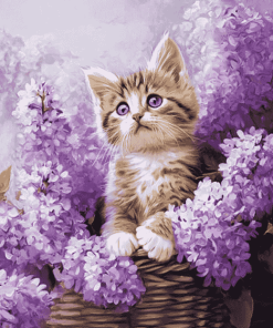 Purple Cat with Flowers Diamond Painting