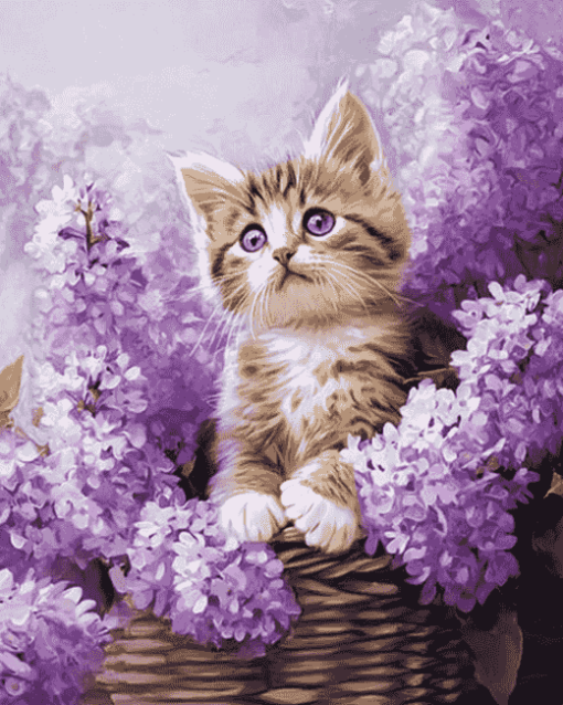 Purple Cat with Flowers Diamond Painting