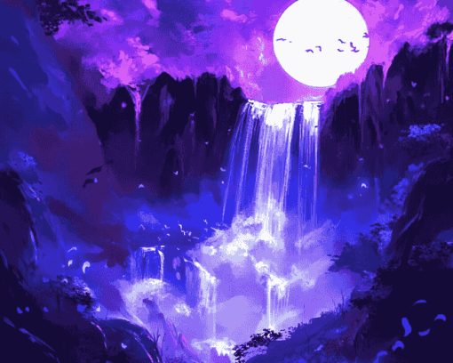 Purple Moonlight Waterfalls Diamond Painting