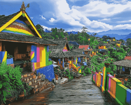 Rainbow Village Indonesia Scenic Diamond Painting