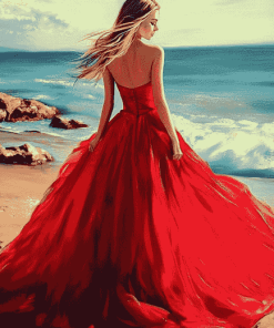 Red Dress Beach Woman Diamond Painting