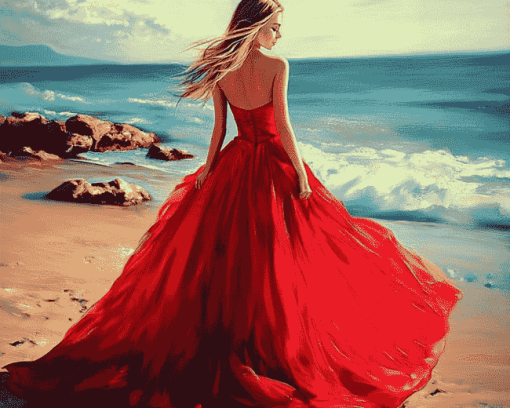 Red Dress Beach Woman Diamond Painting