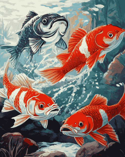 Red Drums and Koi Carps Diamond Painting