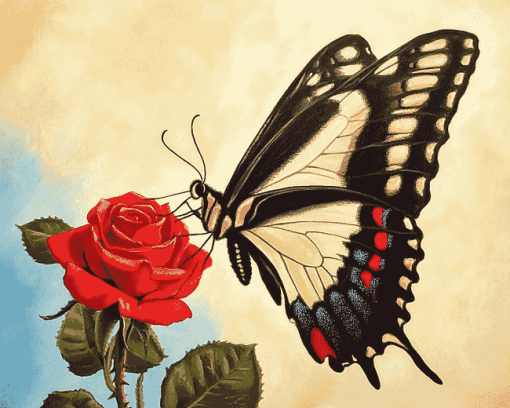 Red Rose with Butterfly Diamond Painting