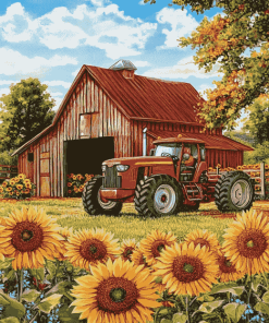 Red Tractor Sunflowers Diamond Painting