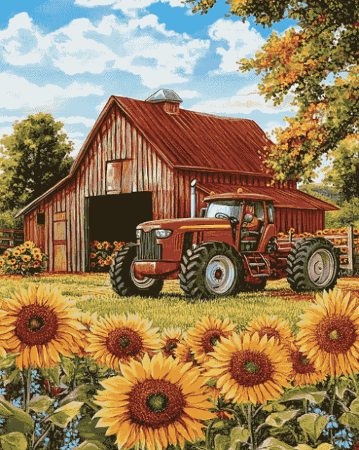 Red Tractor Sunflowers Diamond Painting