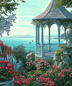 Seaside Gazebo and Blooming Flowers Diamond Painting