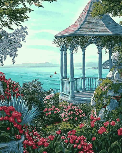 Seaside Gazebo and Blooming Flowers Diamond Painting