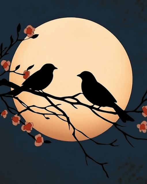 Silhouette Birds on Branch Diamond Painting