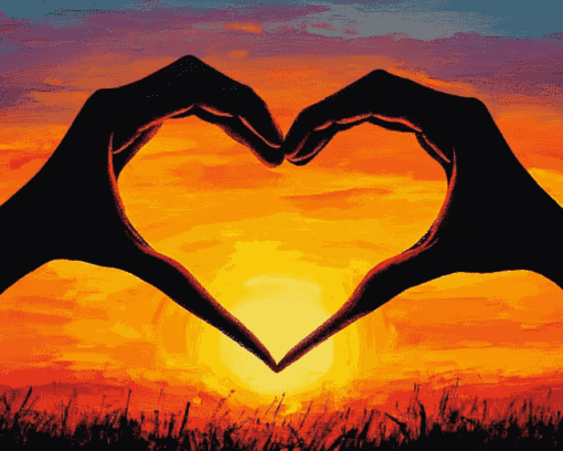 Silhouette Hearts at Sunset Diamond Painting