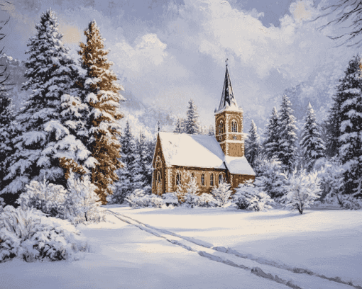 Snowy Church Landscape Diamond Painting