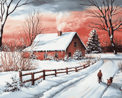 Snowy Farm Landscape Diamond Painting