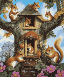 Spring Nuthouse Squirrels Art Diamond Painting