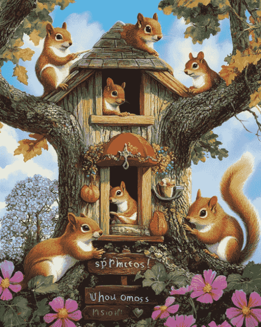 Spring Nuthouse Squirrels Art Diamond Painting