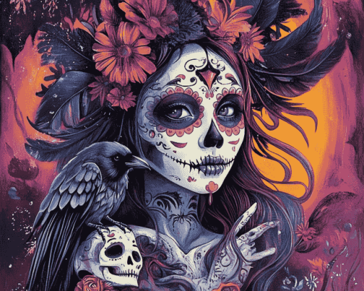 Sugar Skull Girl and Crow Diamond Painting