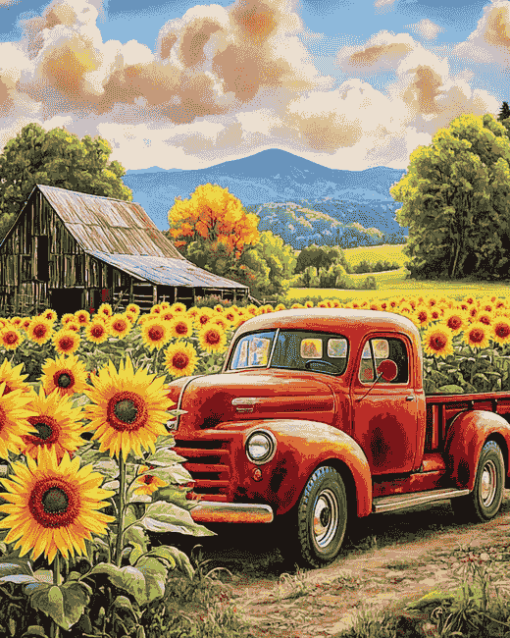 Sunflower Farm Truck Diamond Painting