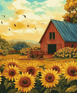 Sunflower and Barn Landscape Diamond Painting