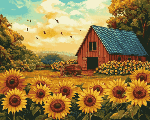 Sunflower and Barn Landscape Diamond Painting