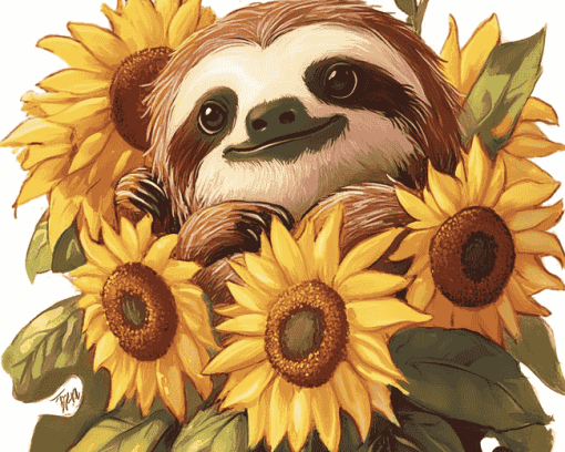 Sunflowers and Sloths Cartoon Diamond Painting