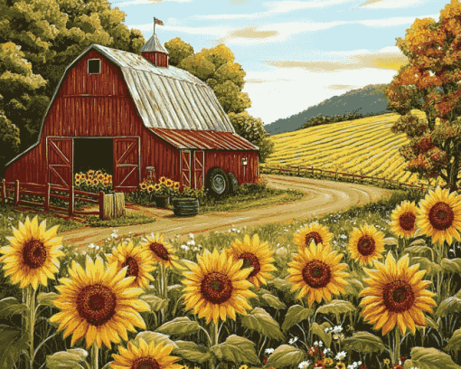 Sunflowers with Rustic Barn Diamond Painting