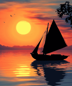 Sunset Boat Silhouette Diamond Painting