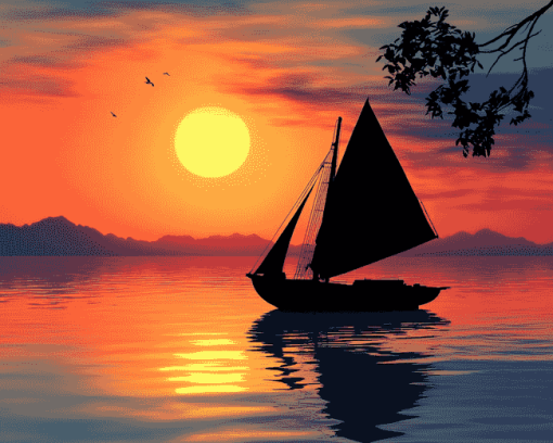 Sunset Boat Silhouette Diamond Painting