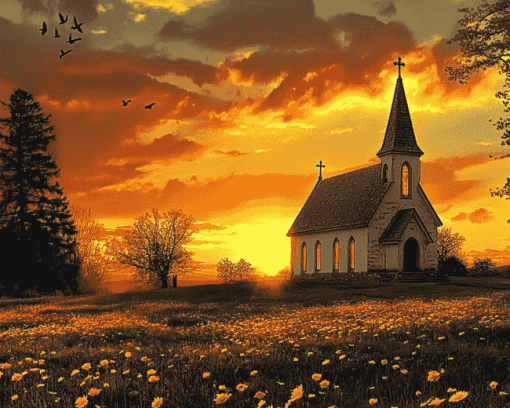 Sunset Country Church Diamond Painting