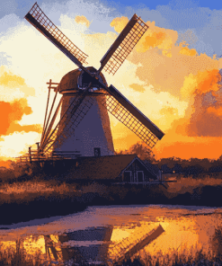 Sunset Dutch Windmill Landscape Diamond Painting