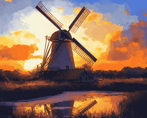 Sunset Dutch Windmill Landscape Diamond Painting