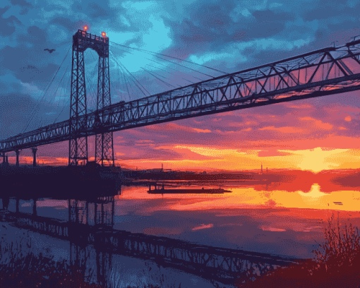 Transporter Bridge Sunset Scenery Diamond Painting