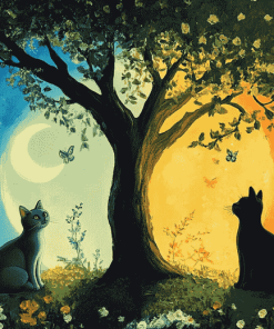 Tree Cats Night Diamond Painting