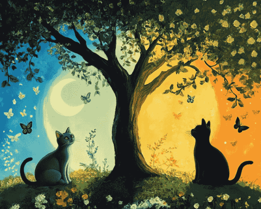 Tree Cats Night Diamond Painting