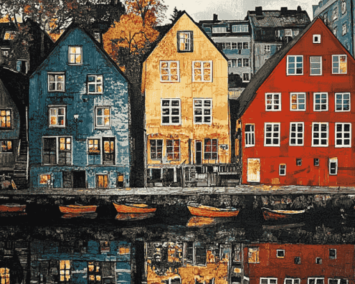 Trondheim Houses Reflections Diamond Painting