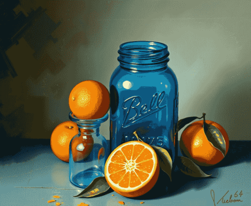 Vintage Blue Mason Jar and Oranges Diamond Painting