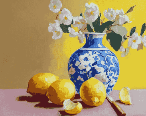 Vintage Blue Vase Lemons Diamond Painting