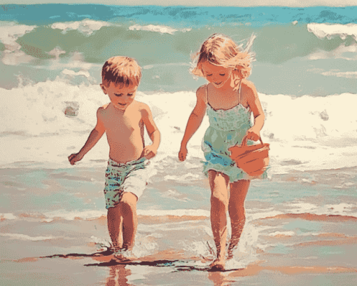 Vintage Children by the Seaside Diamond Painting