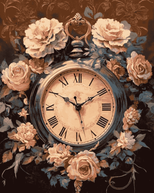 Vintage Clock and Flowers Diamond Painting