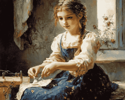 Vintage Sewing Girl Diamond Painting