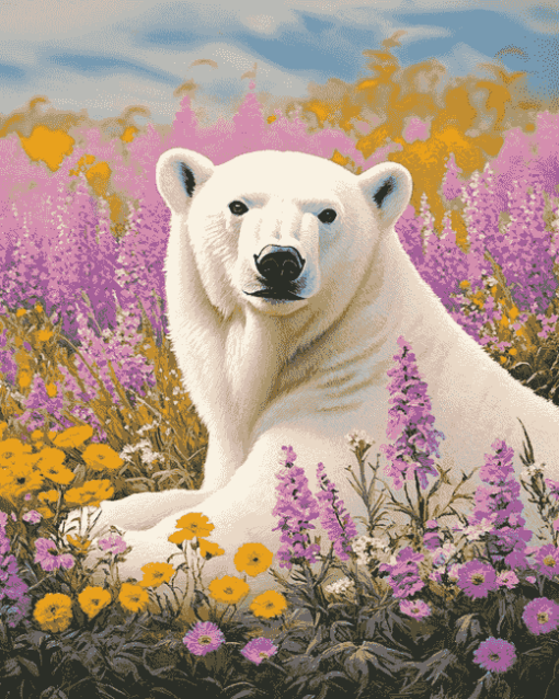 White Polar Bear Flowers Diamond Painting