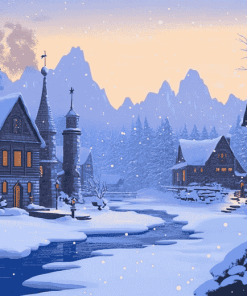 Winter Homes in Frozen Forest Diamond Painting