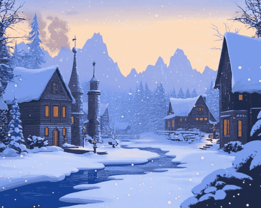 Winter Homes in Frozen Forest Diamond Painting