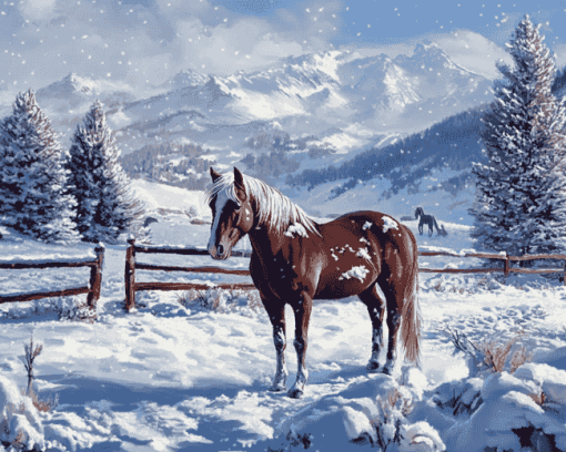 Winter Horses Mountain Scene Diamond Painting