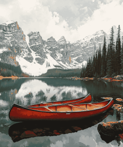 Winter Red Canoe in Canadian Landscapes Diamond Painting